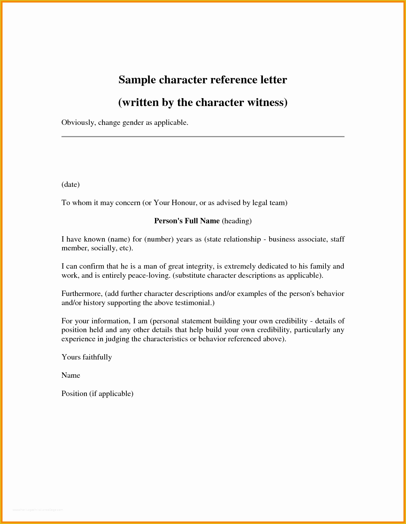 Free Printable Letter Of Recommendation Template Of Search Results for “character Reference Examples