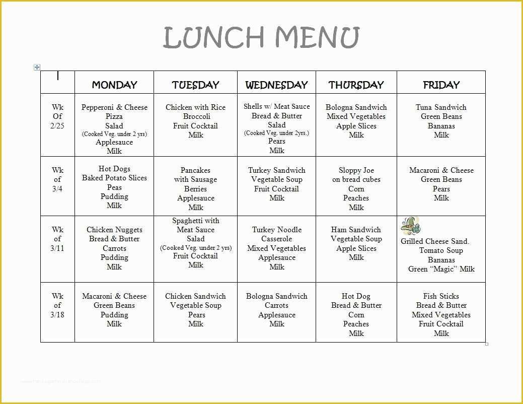 Free Printable Lunch Menu Template Of Free Daycare Menus to Print