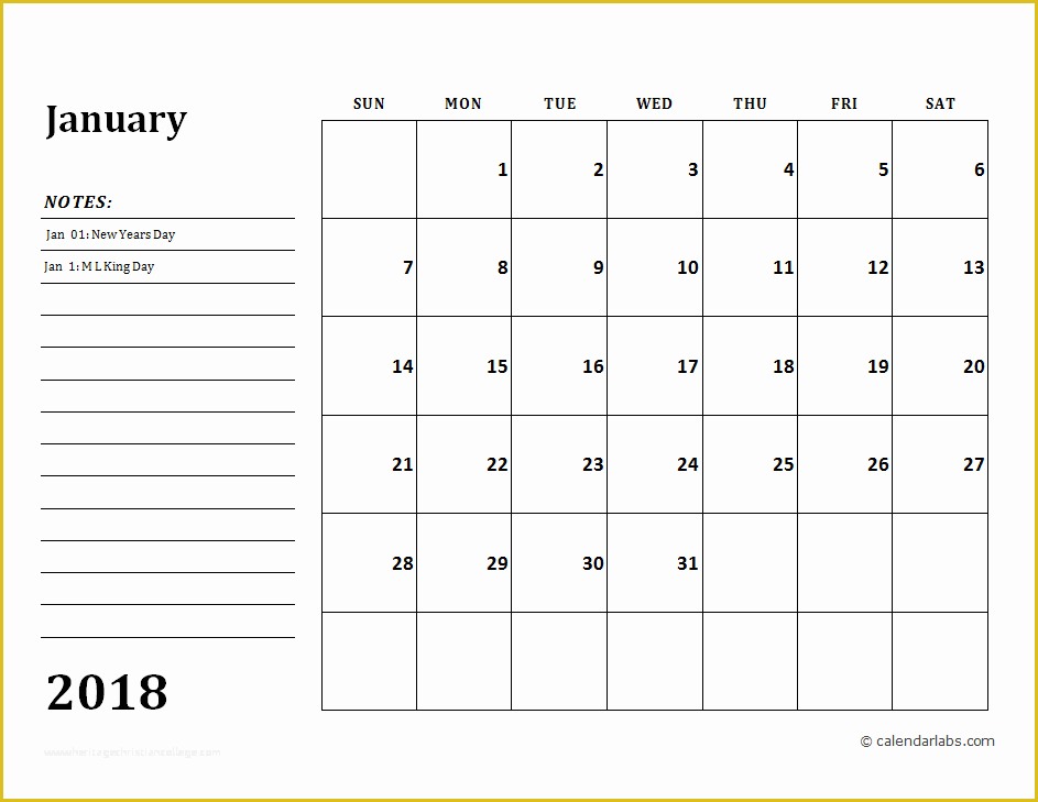 Free Printable Monthly Calendar Templates 2018 Of 2018 Calendar Template with Monthly Notes Free Printable