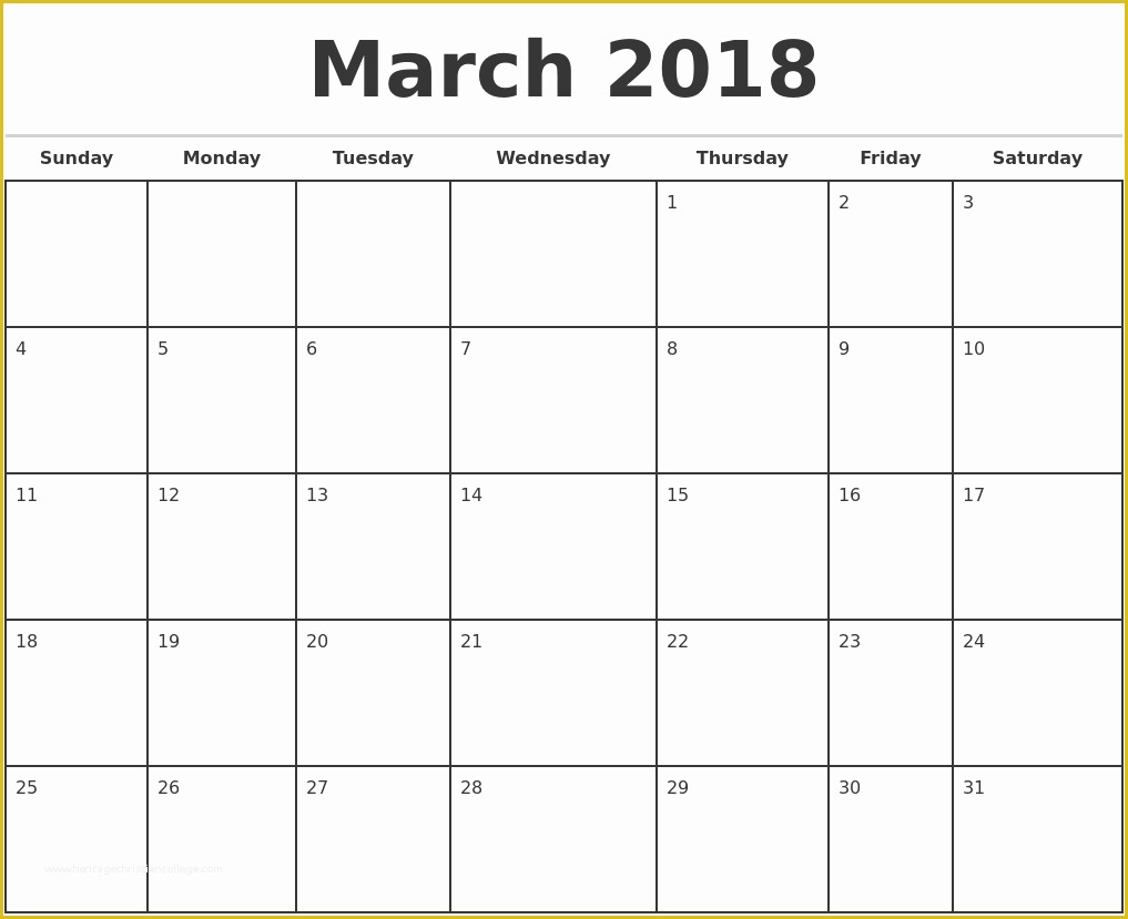 Free Printable Monthly Calendar Templates 2018 Of March 2018 Monthly Calendar Template