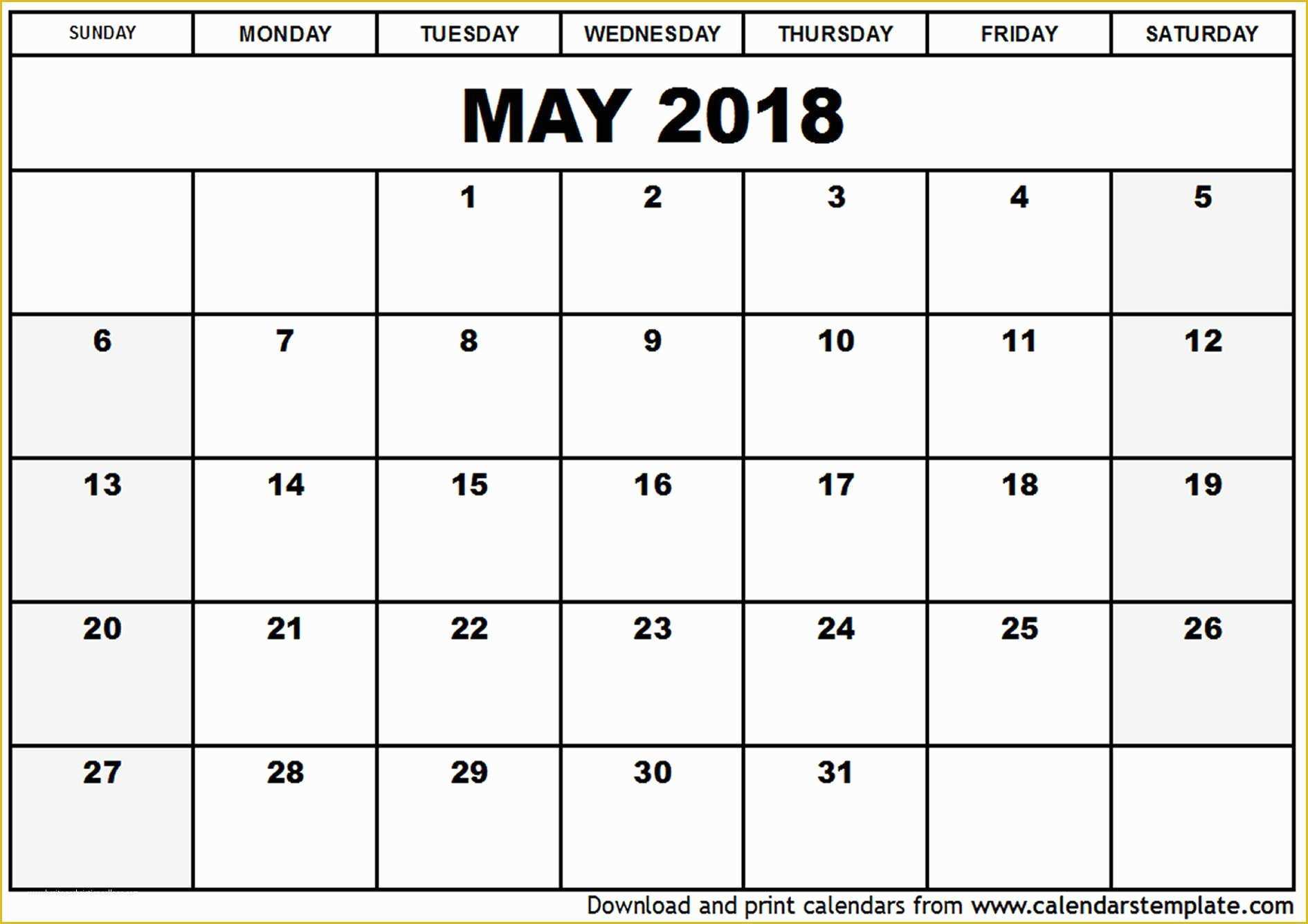 Free Printable Monthly Calendar Templates 2018 Of May 2018 Calendar Template