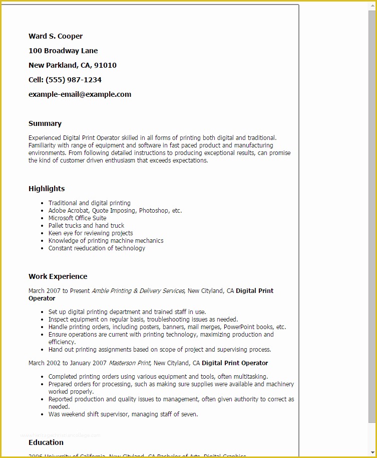 Free Printable Professional Resume Templates Of Professional Digital Print Operator Templates to Showcase