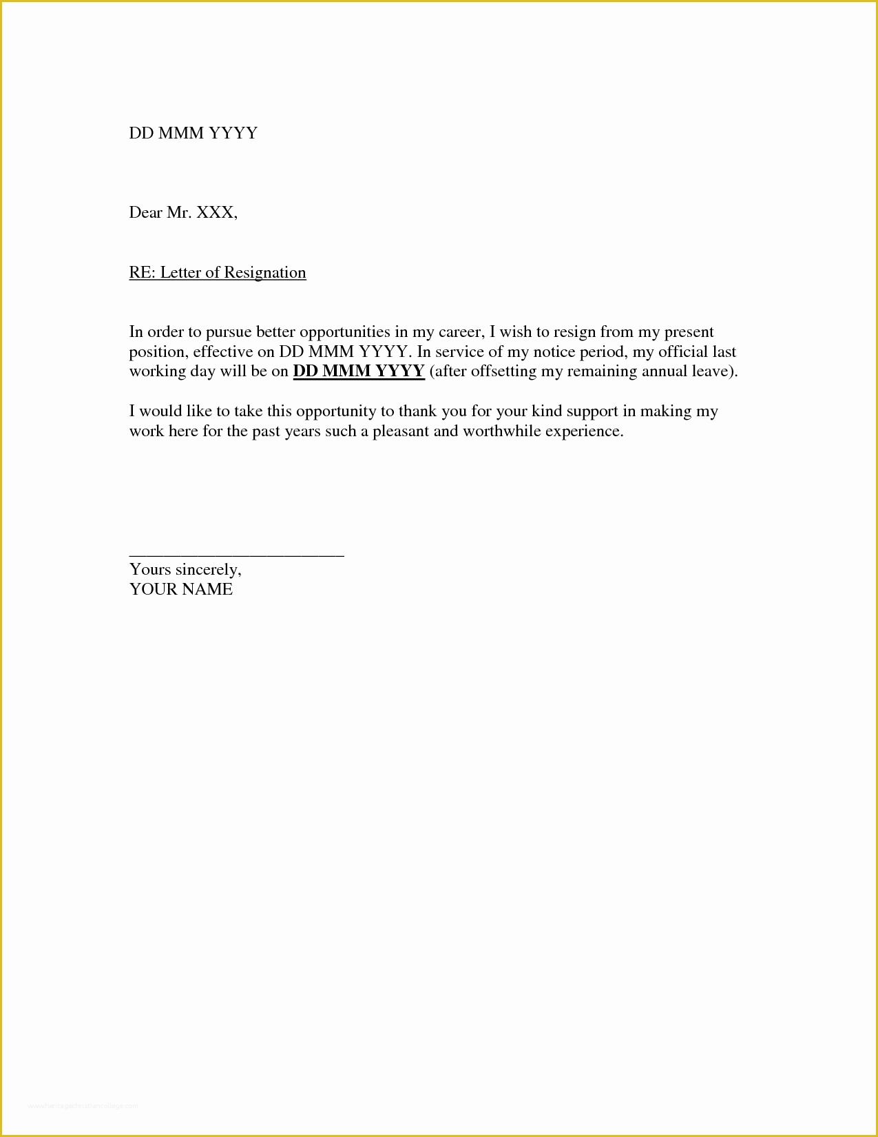 Free Printable Resignation Letter Template Of Free Writing Letter Of Resignation Example