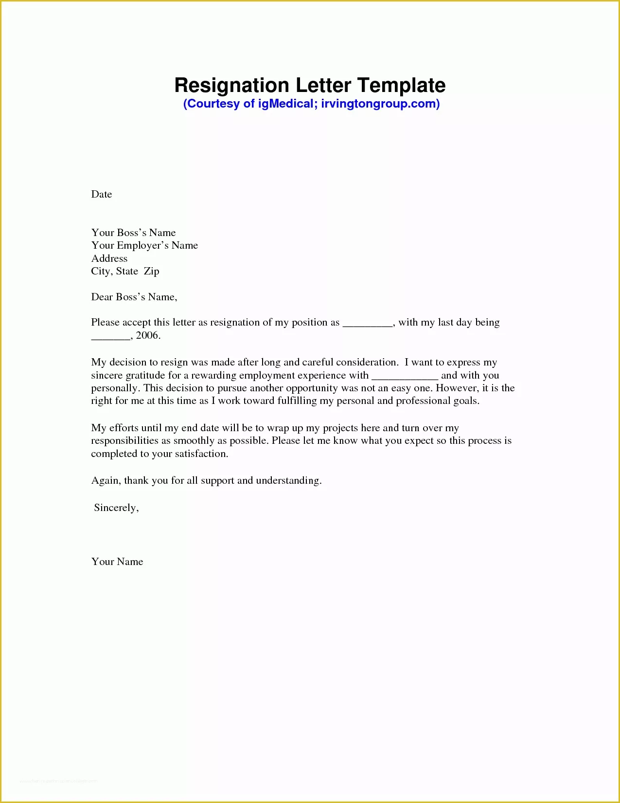 Free Printable Resignation Letter Template Of Resignation Letter Sample Pdf