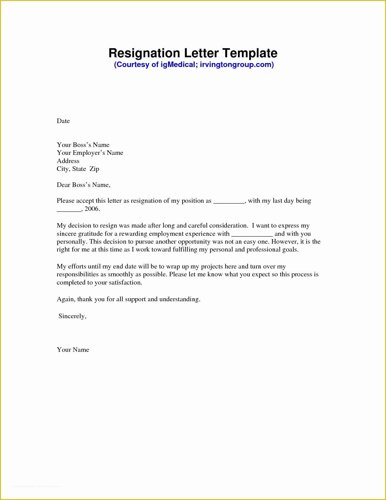 Free Printable Resignation Letter Template Of Resignation Letter 