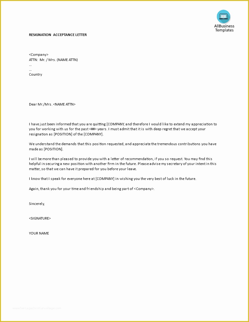 Free Printable Resignation Templates Of Free Resignation Acceptance Letter Template