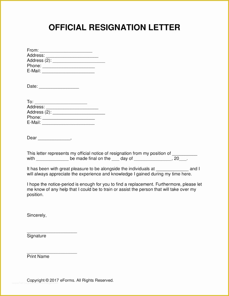 Free Printable Resignation Templates Of Free Resignation Letter Templates – Samples and Examples