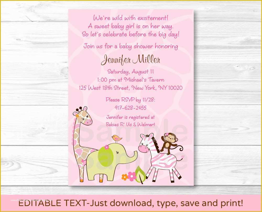 Free Printable Safari Baby Shower Invitation Templates Of Safari Girl Jungle Animal Printable Baby Shower Invitation
