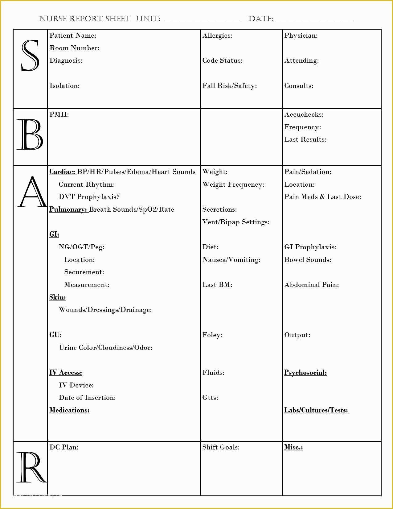 Free Printable Sbar Template Of Sbar Nurse Report Brain Sheet Printable