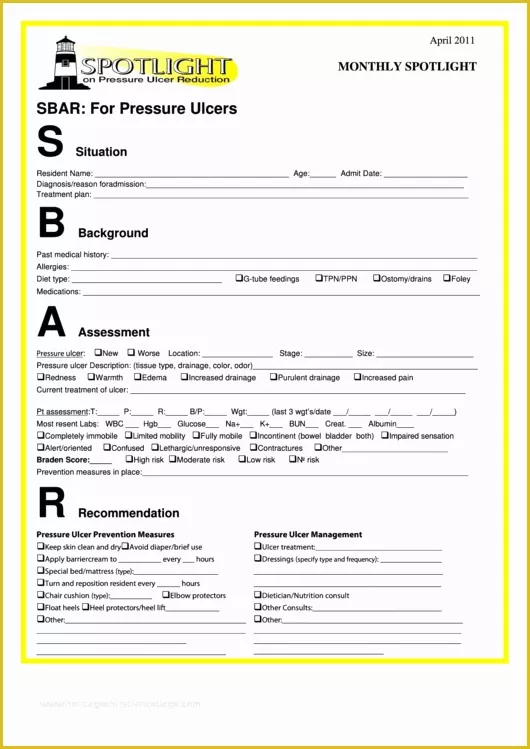 Free Printable Sbar Template Of Sbar Template for Pressure Ulcers Printable Pdf