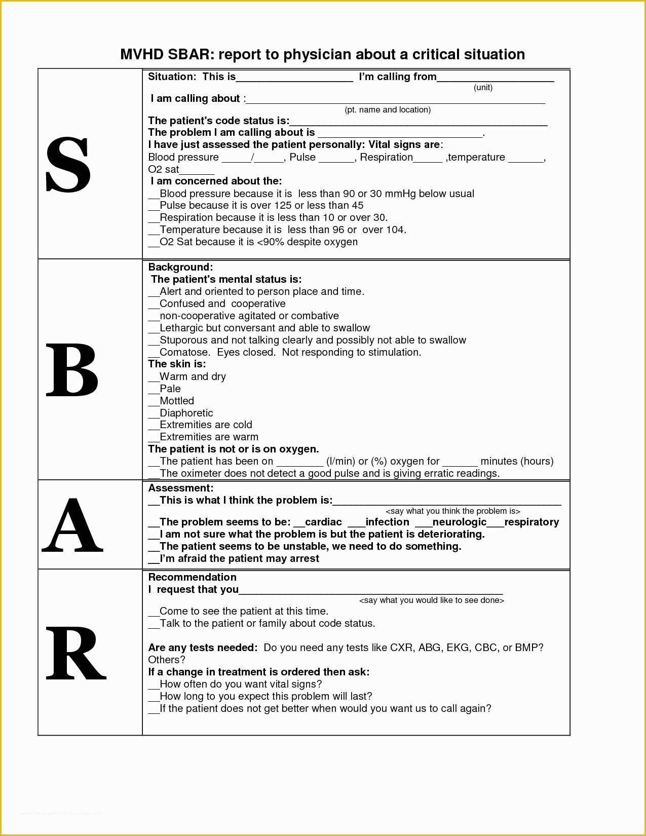 Free Printable Sbar Template Of Sbar Template