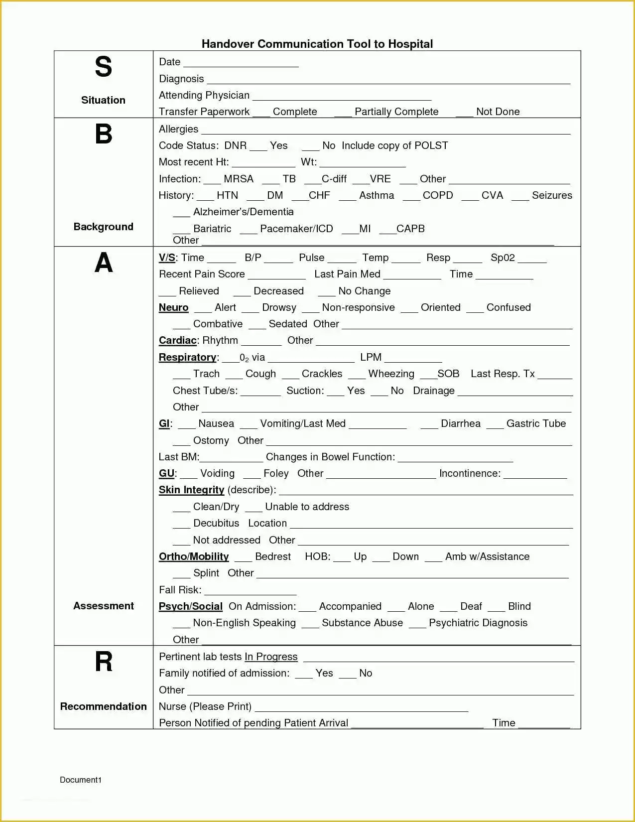 Free Printable Sbar Template Of Sbar Template Sbar