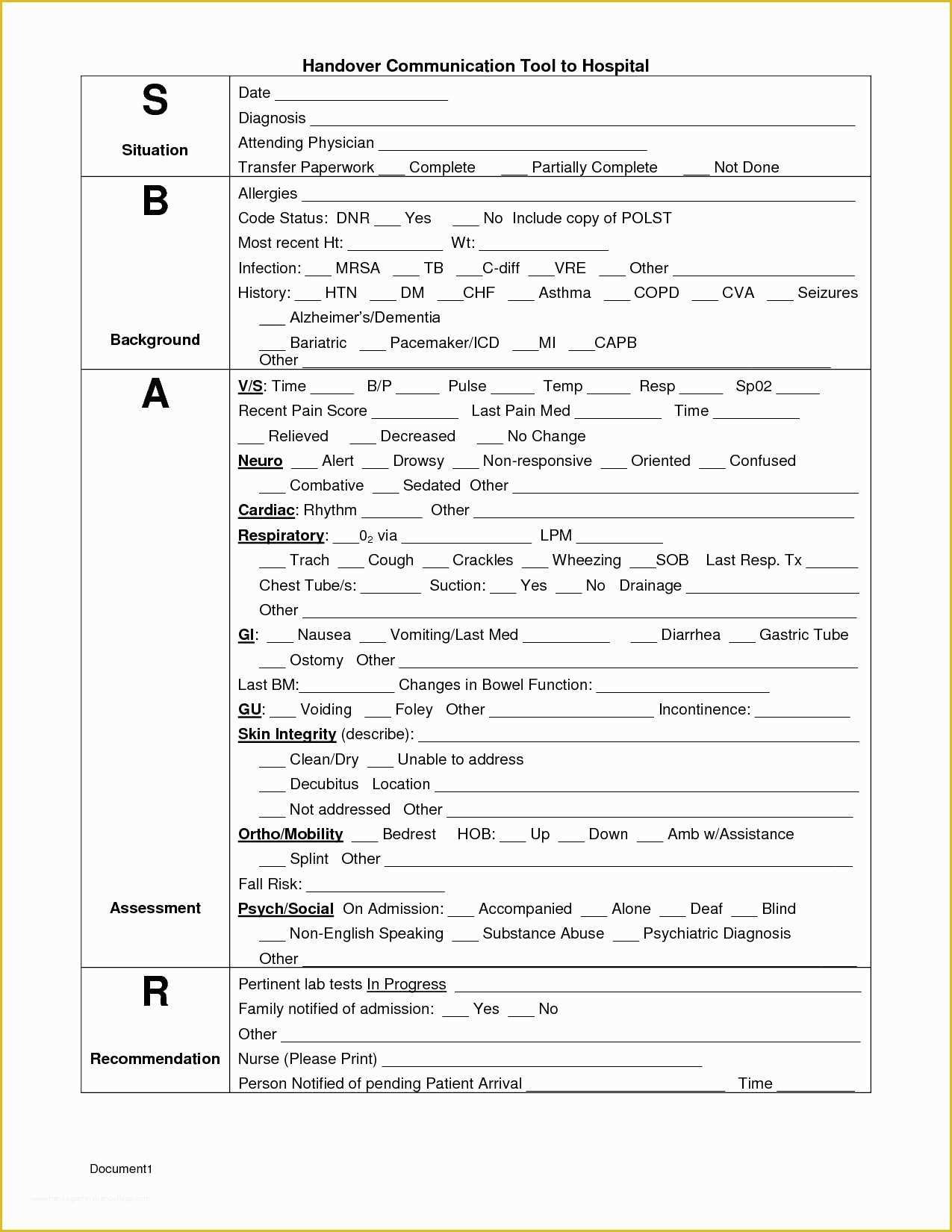 Sbar Printable Forms Printable Forms Free Online
