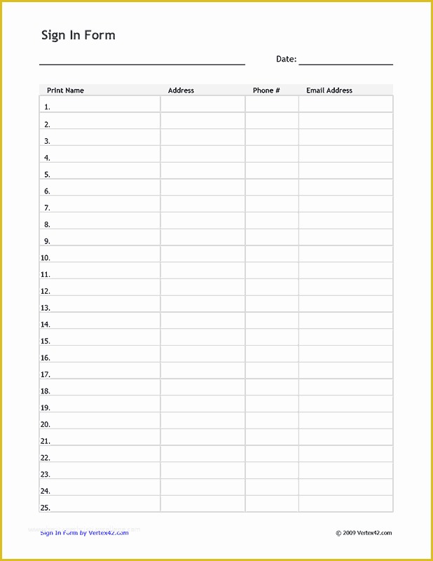 Free Printable Sign In Sheet Template Of Free Printable Sign In form Pdf From Vertex42