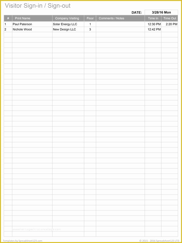 Free Printable Sign In Sheet Template Of Printable Sign In Worksheets and forms for Excel Word and Pdf