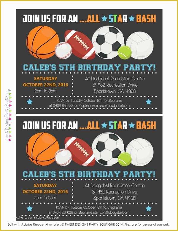 Free Printable Sports Birthday Invitation Templates Of All Star Sports Invitation Sports Party All Star Party