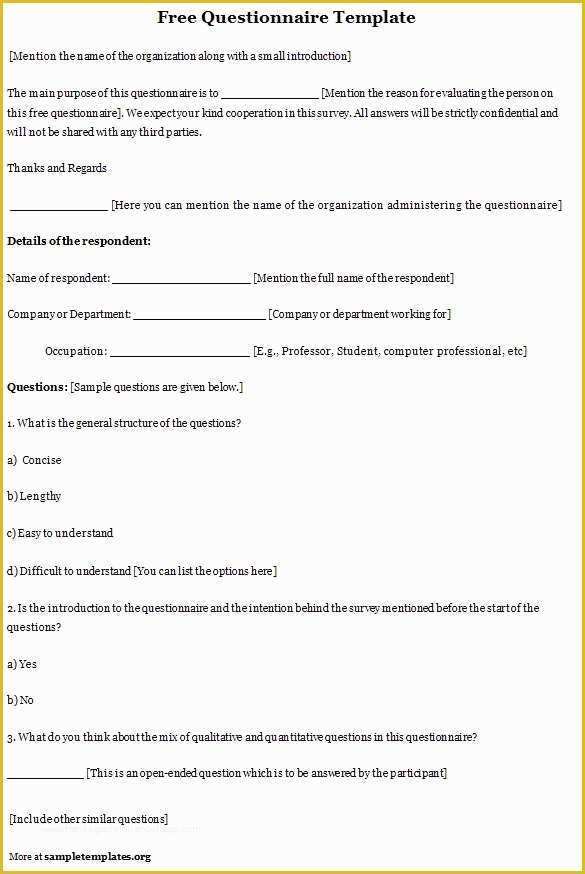 Free Printable Survey Template Of Free Questionnaire Template format format Of Free