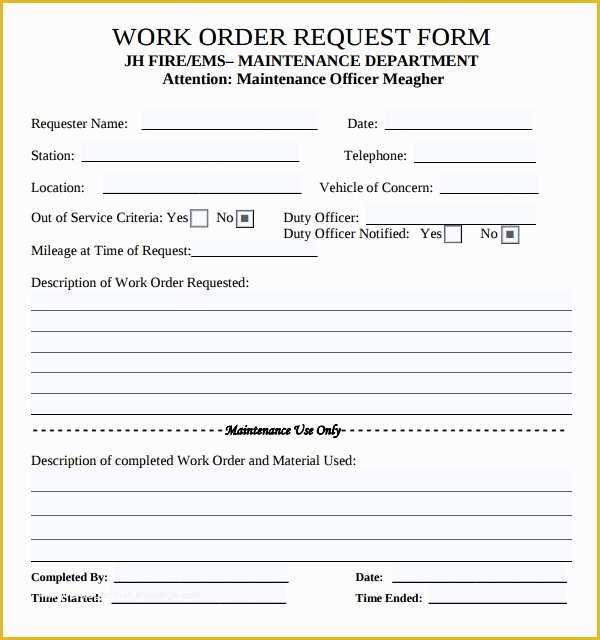 Free Printable Work order Template Of 8 Sample Maintenance Work order forms
