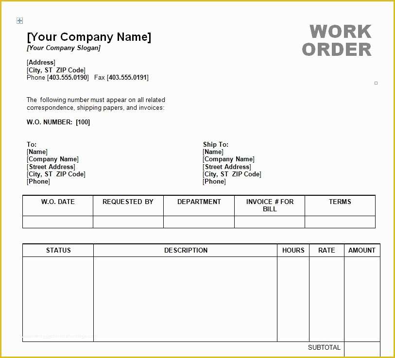Free Printable Work order Template Of Work order Template Word