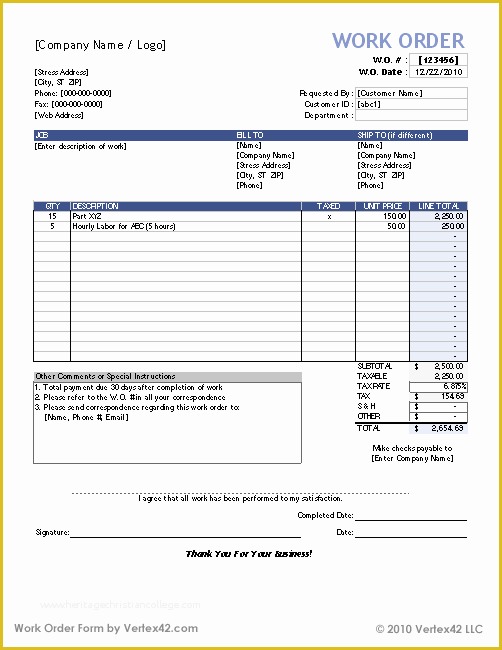 Free Printable Work order Template Of Work orders