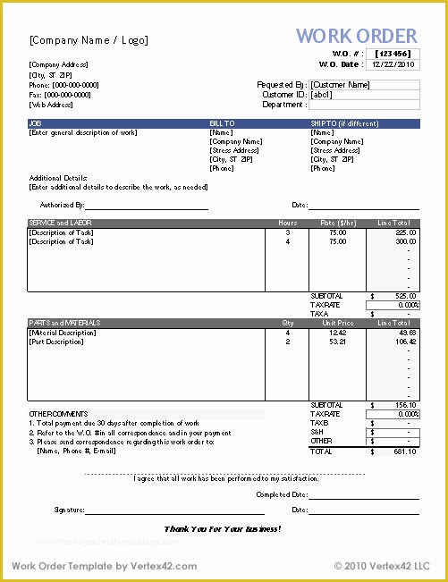 Free Printable Work order Template Of Work orders