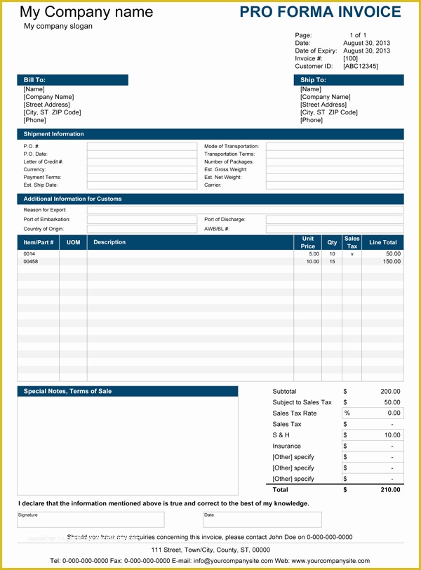 Free Pro forma Template Of Free Proforma Invoice Template for Excel