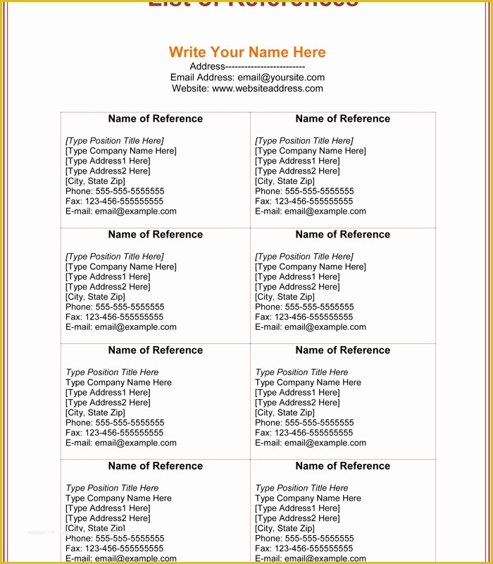 Free Professional References Template Of Free Printable List Templates