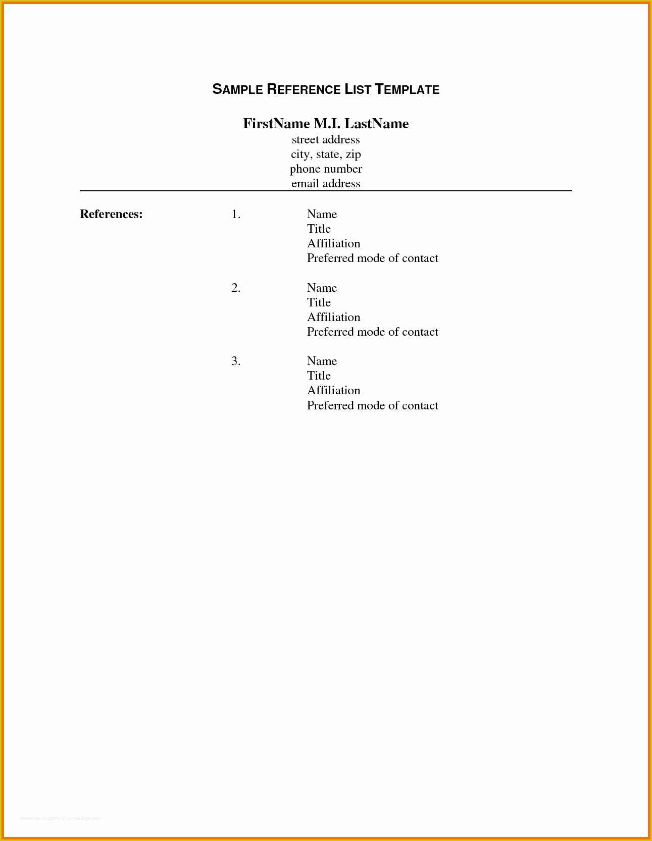 Free Professional References Template Of List References Template