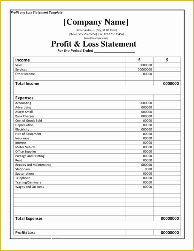 Free Profit and Loss Template Of Free Download Profit and Loss Statement Template Example