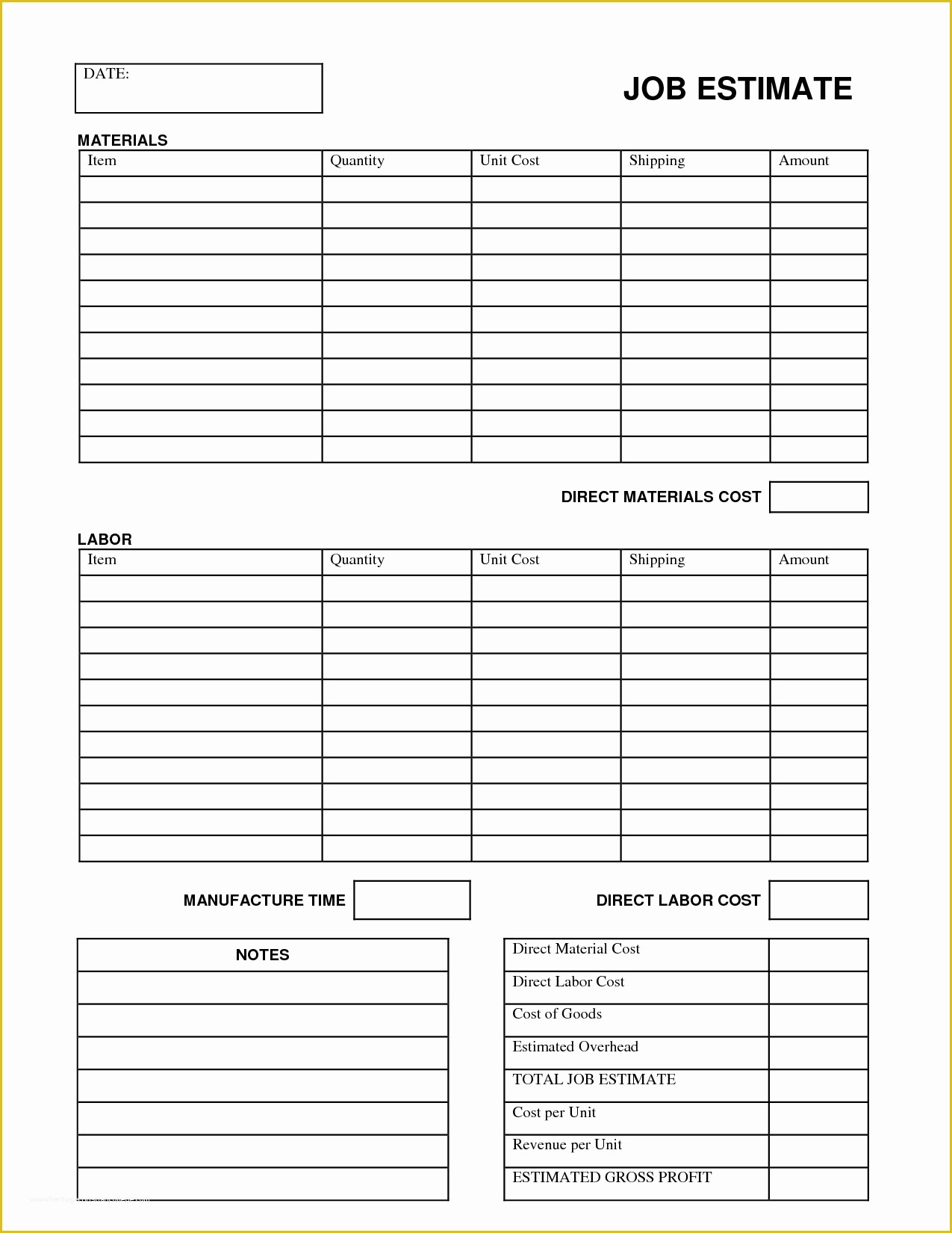 Free Project Estimate Template Of Printable Job Estimate forms