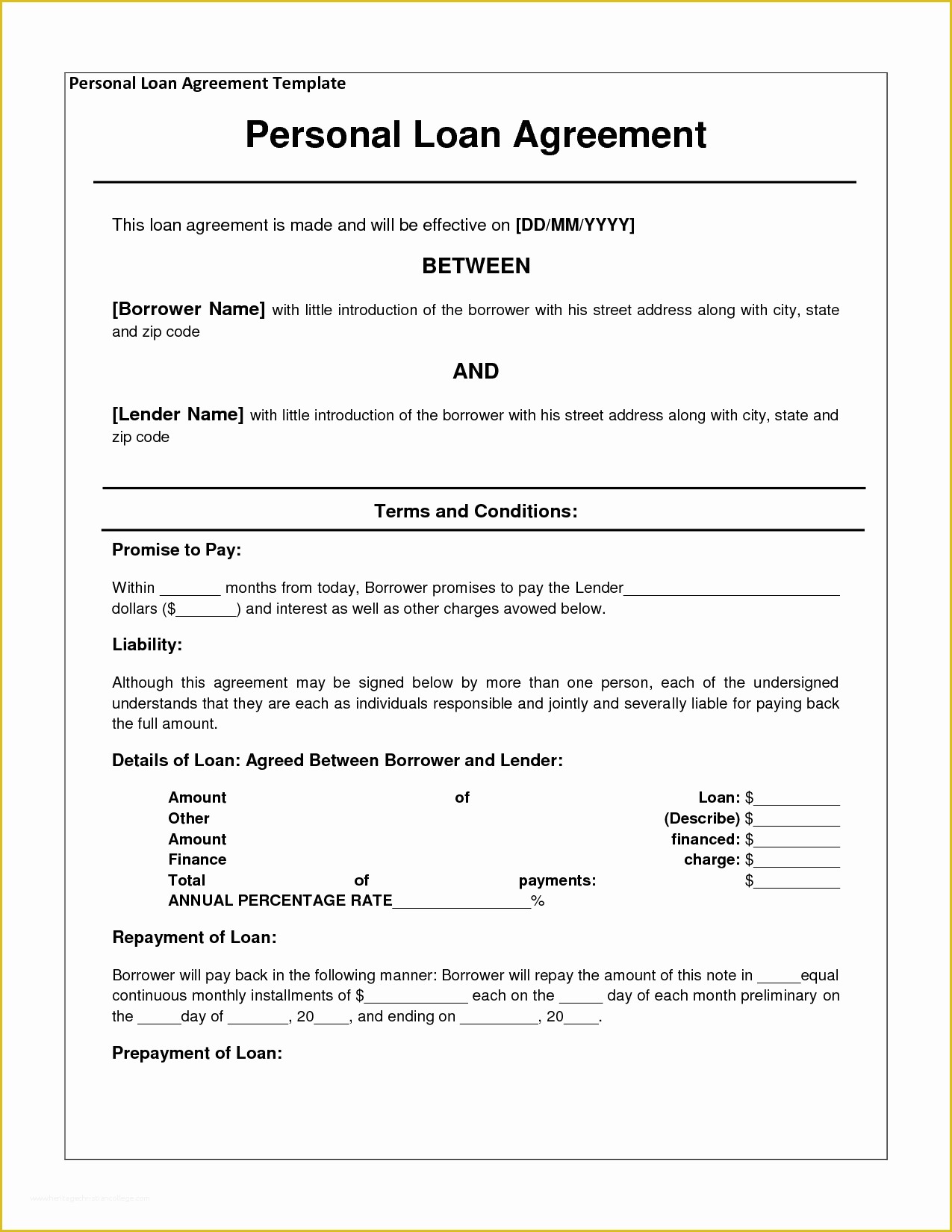 Free Promissory Note Template for Personal Loan Of Free Personal Loan Agreement form Template $1000