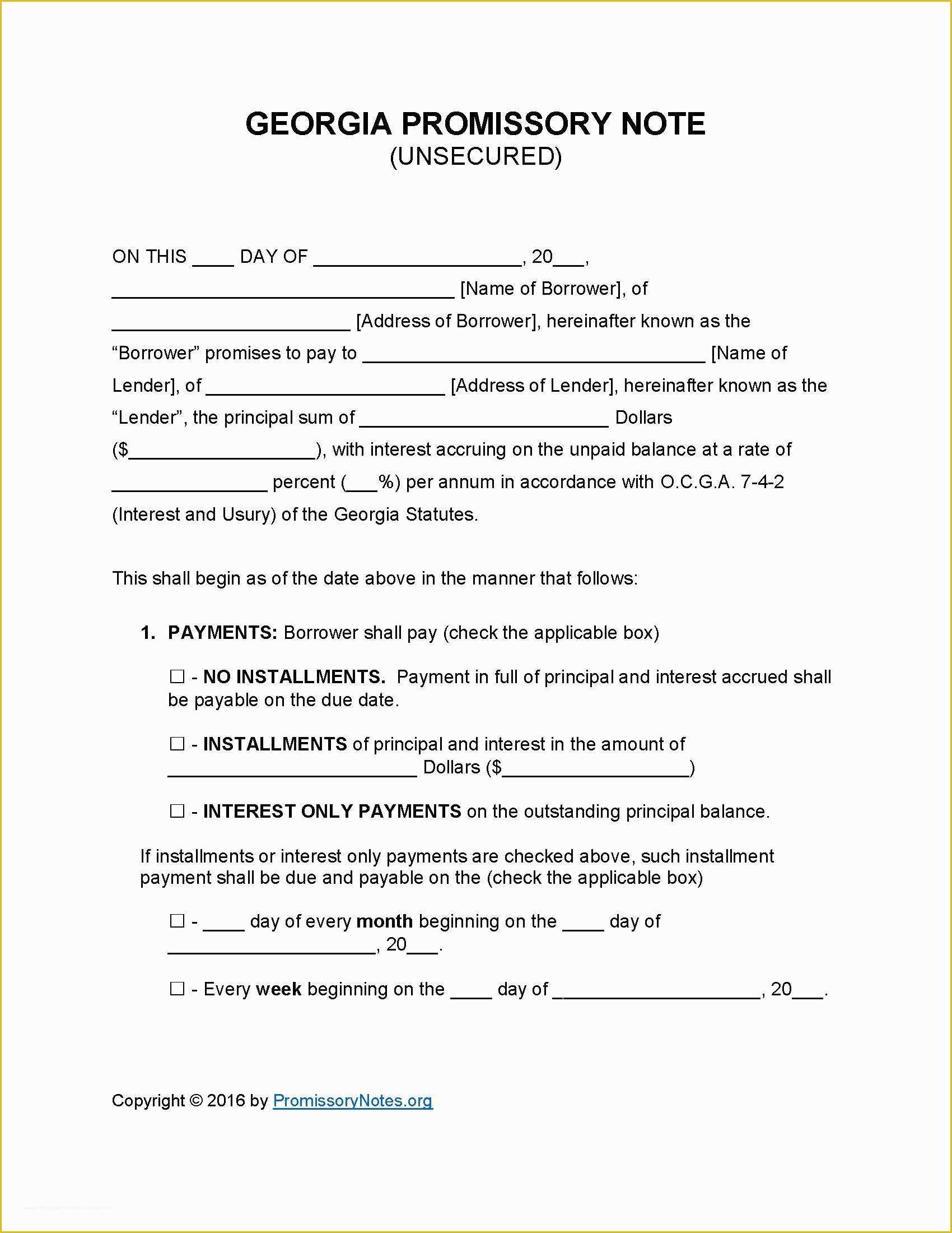 Free Promissory Note Template Georgia Of Georgia Unsecured Promissory Note Template Promissory