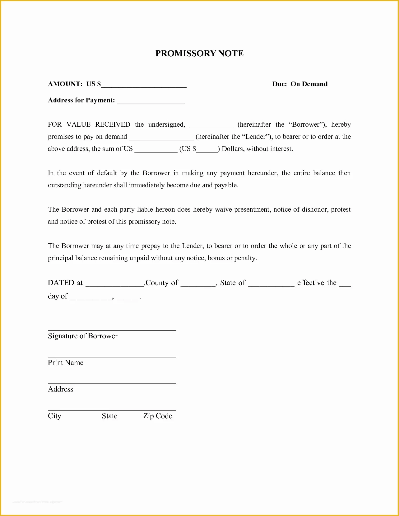 Printable Simple Promissory Note Template