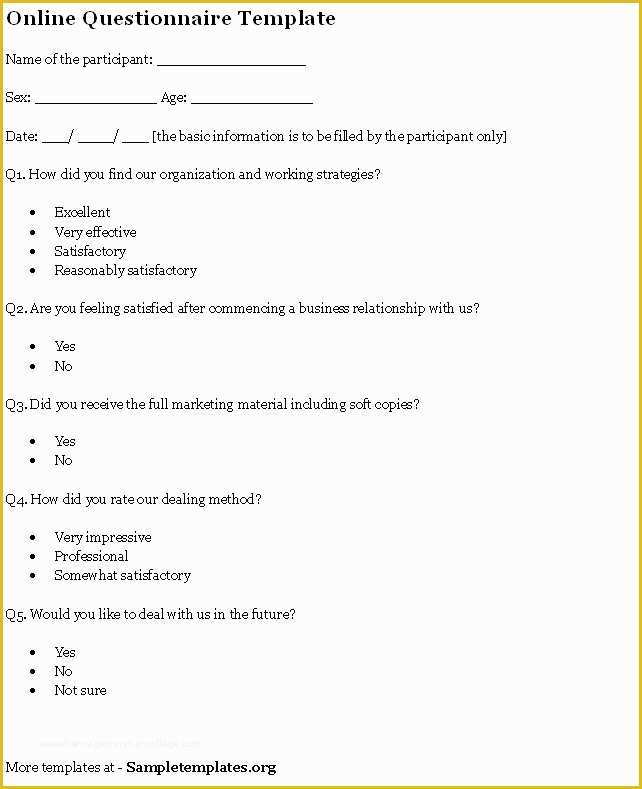 Free Questionnaire Template Of Line Questionnaire Template Of Line Questionnaire