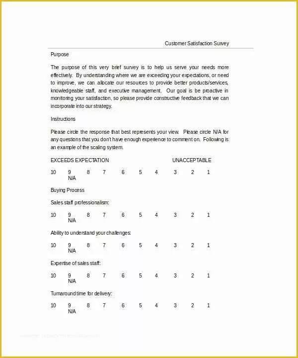 Free Questionnaire Template Of Sample Customer Satisfaction Survey Template 10 Free