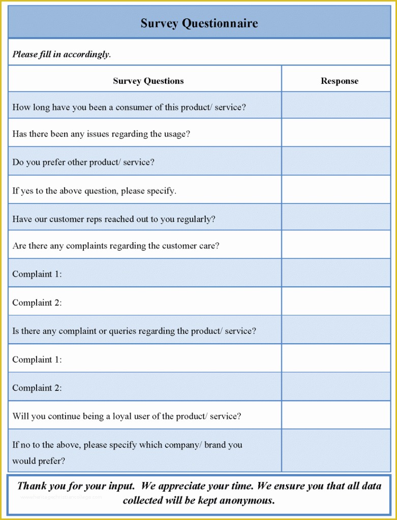 Free Questionnaire Template Of Survey Template Word