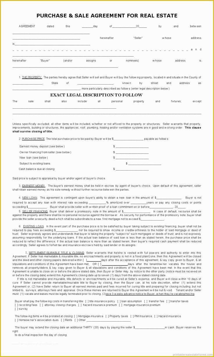 Free Real Estate Purchase and Sale Agreement Template Of Sample Printable Sales Contract for Ing Subject 2 form