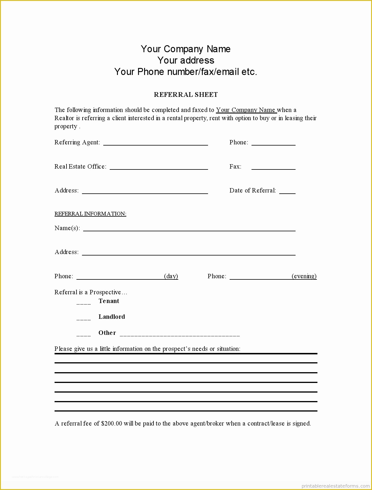 Free Real Estate Referral form Template Of Free Printable Real Estate Referral form Template Pdf