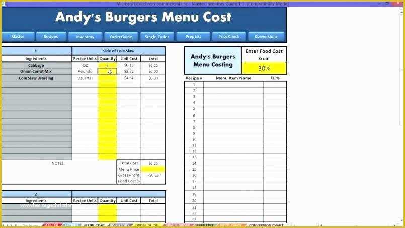 Free Recipe Costing Template Of Restaurant Spreadsheet Household Restaurant Bar Inventory