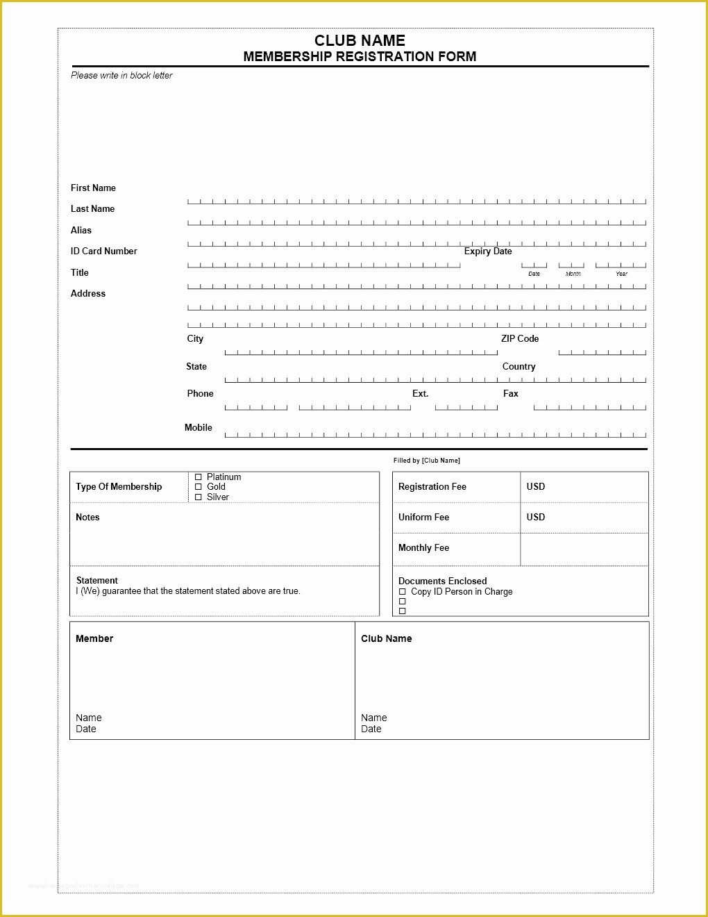 Free Registration form Template Of Club Membership Application form