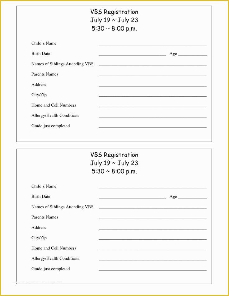 Free Registration Template Of Printable Vbs Registration form Template