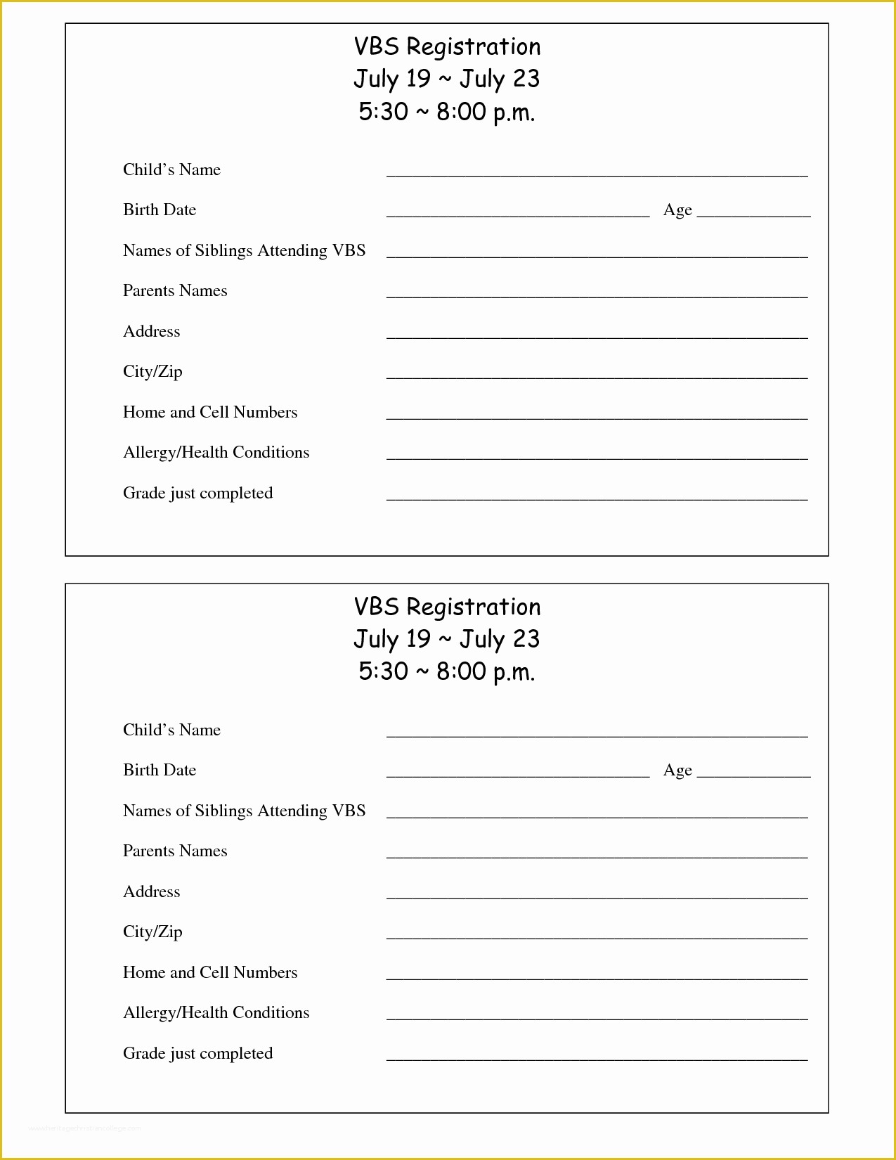 Free Registration Template Of Printable Vbs Registration form Template