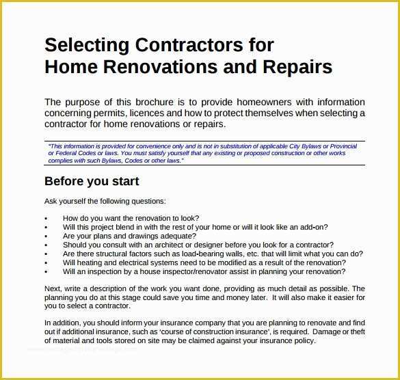 Free Renovation Contract Template Of Renovation Contract Template 8 Download Documents In Pdf