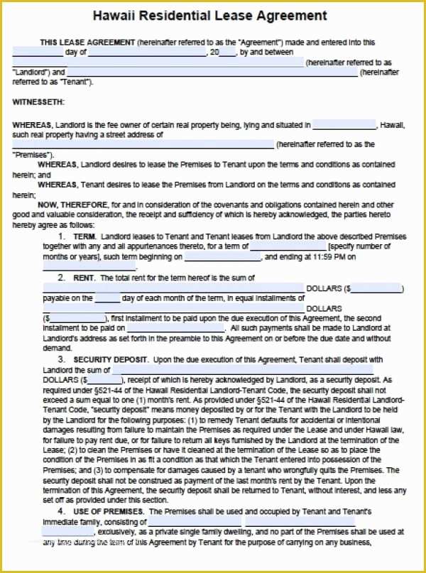 Free Rental Agreement Template Hawaii Of Free Hawaii Residential Lease Agreement Pdf