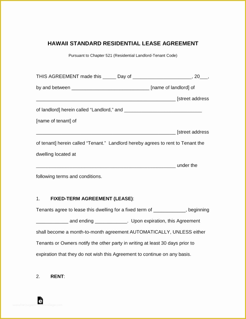 Free Rental Agreement Template Hawaii Of Free Hawaii Standard Residential Lease Agreement Template