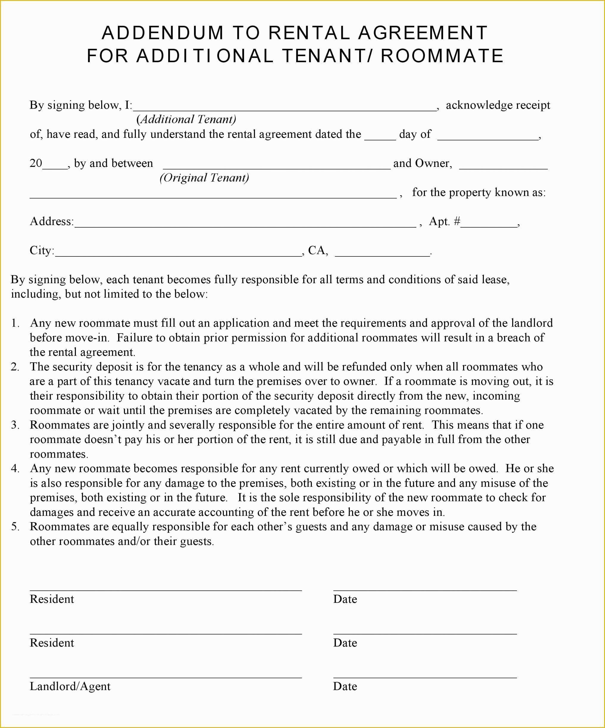 Free Rental Contract Template California Of Addendum to Rental Agreement