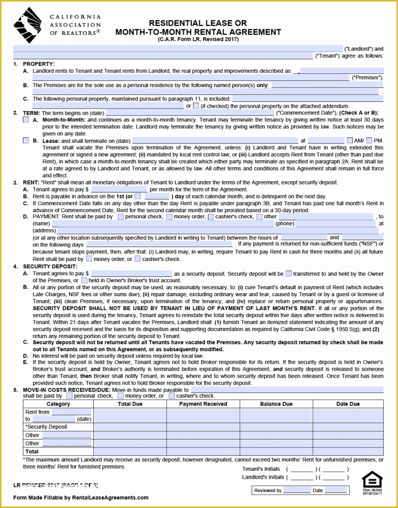 Free Rental Contract Template California Of Free California Standard Residential Lease Agreement