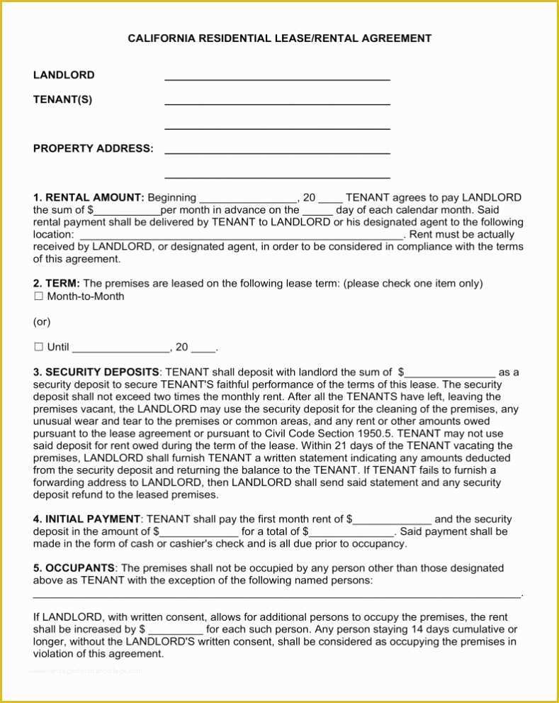 Free Rental Contract Template California Of Renters Agreement California Pdf