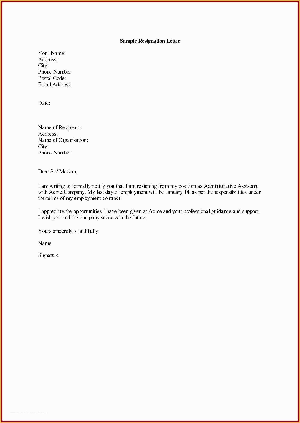 Free Resignation Letter Template Word Of Free Resignation Letter Template Microsoft Word Download
