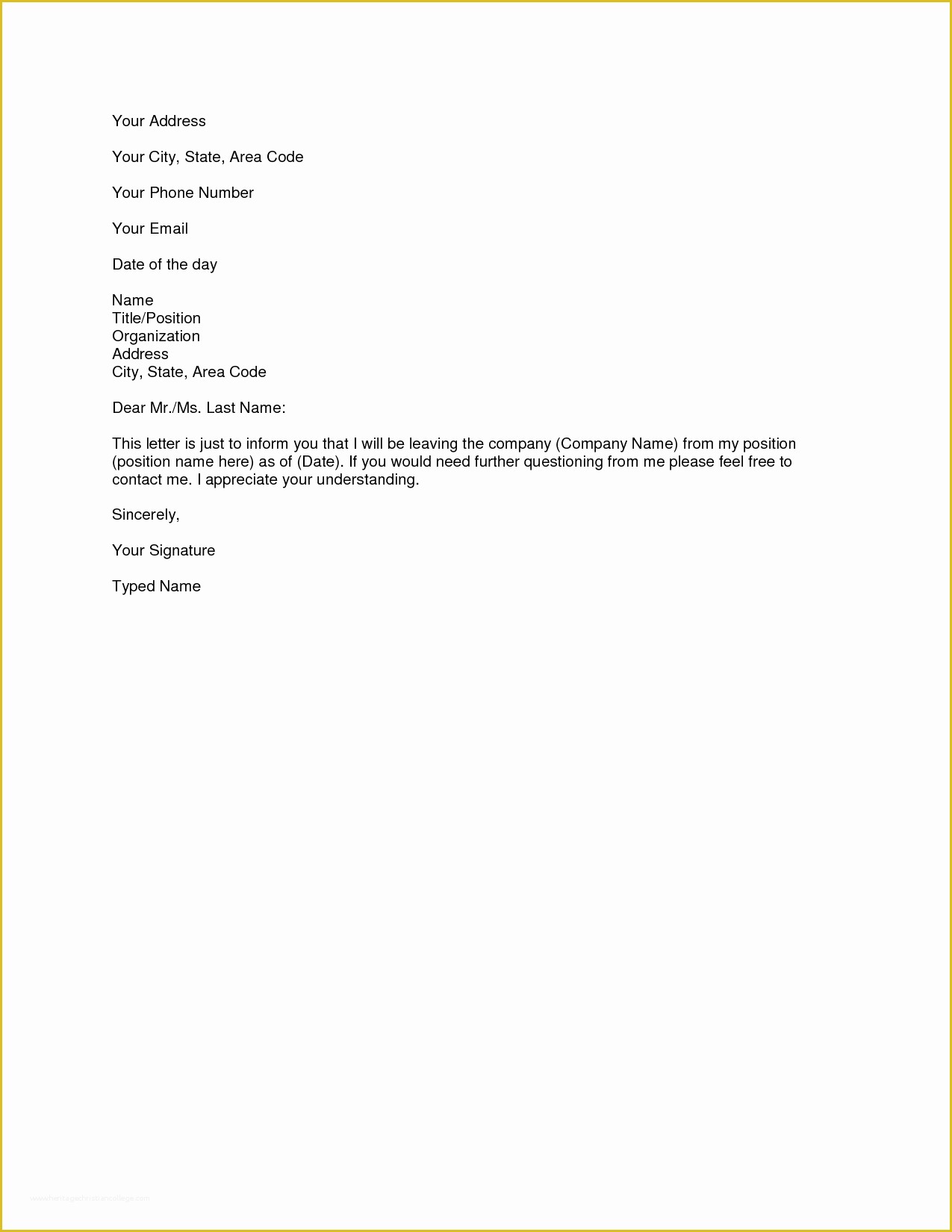 Free Resignation Letter Template Word Of Microsoft Word Resignation Letter Template Simple